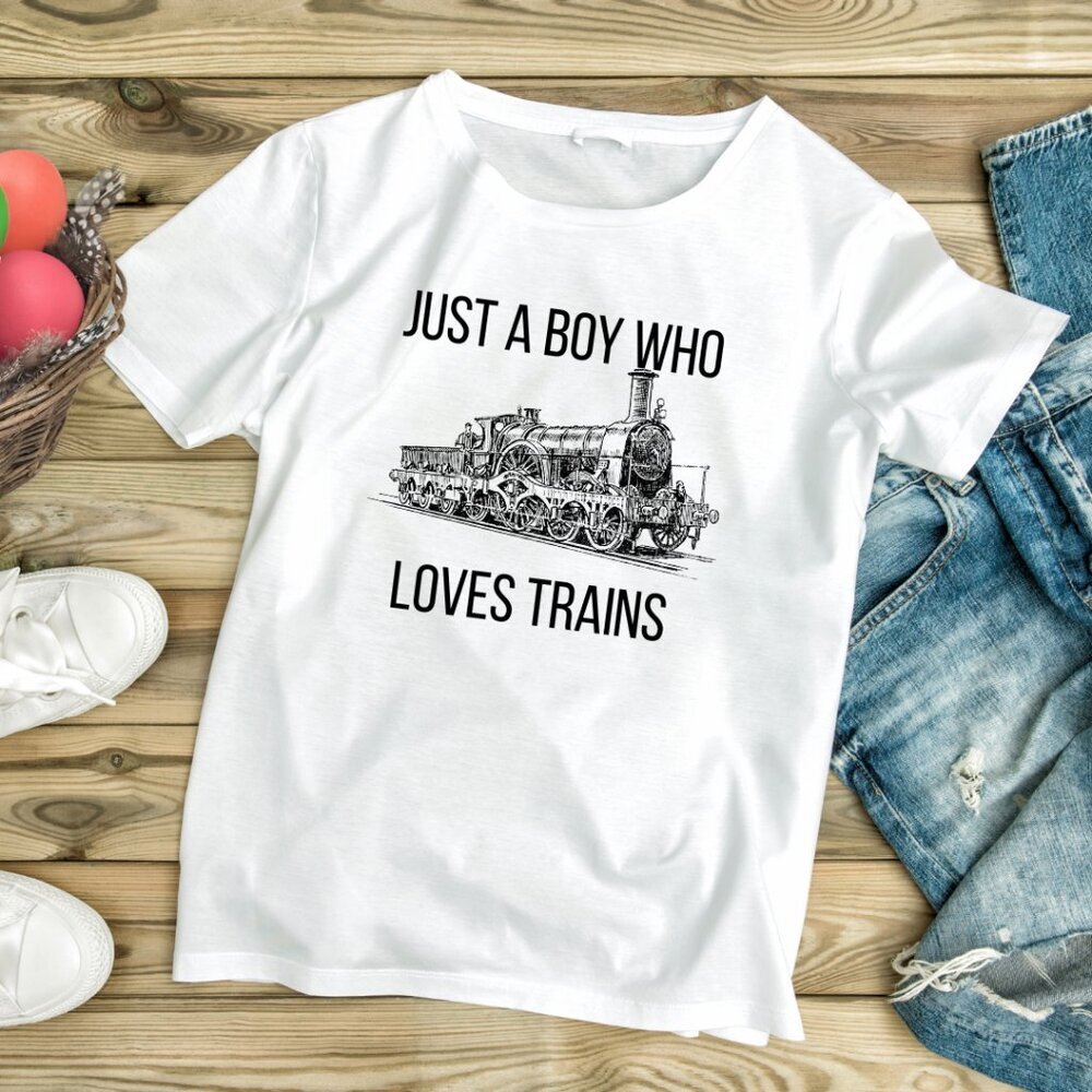 Handmade NWT Just a Boy Who Loves Trains | Kids White Graphic Tee (XS-XL)